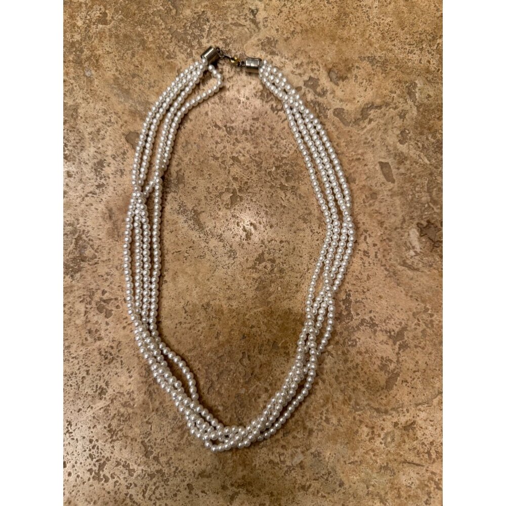 Vintage Multi-Strand Faux Pearl Necklace With Silver-Tone Magnetic Clasp